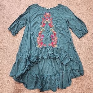 Jodifl Large Green/blue Embroidered Floral 3/4 Sleeve Tunic Blouse